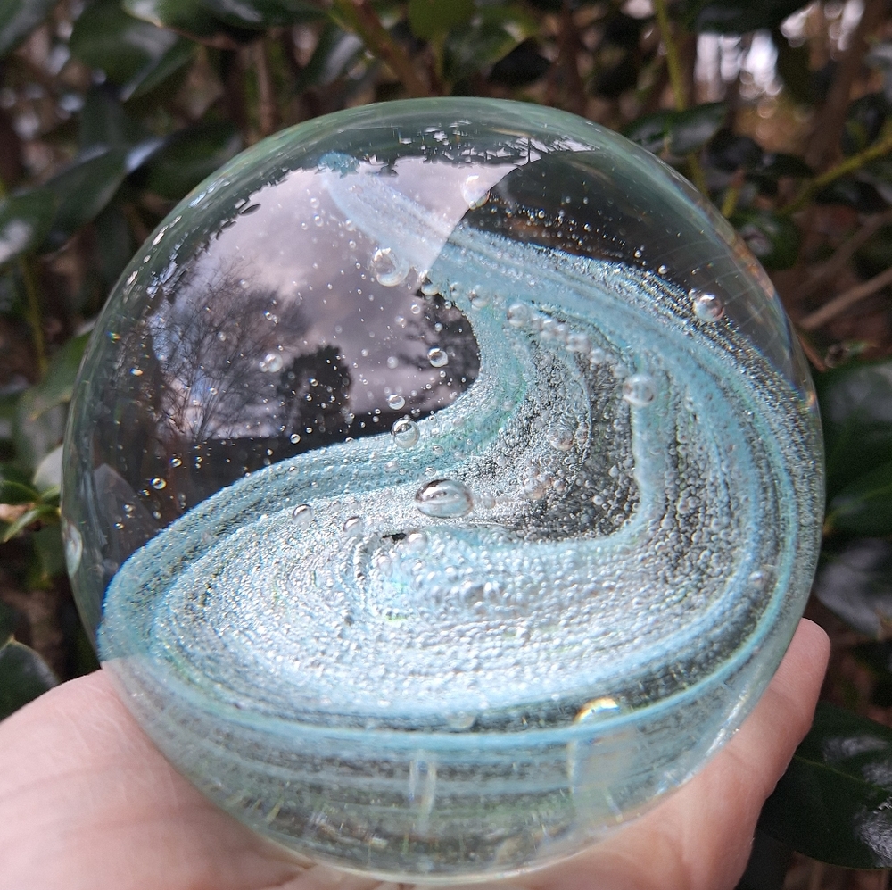 Art Glass Crystal Ball Ocean Wave Paper Weight Teal Aqua Pearl Handmade